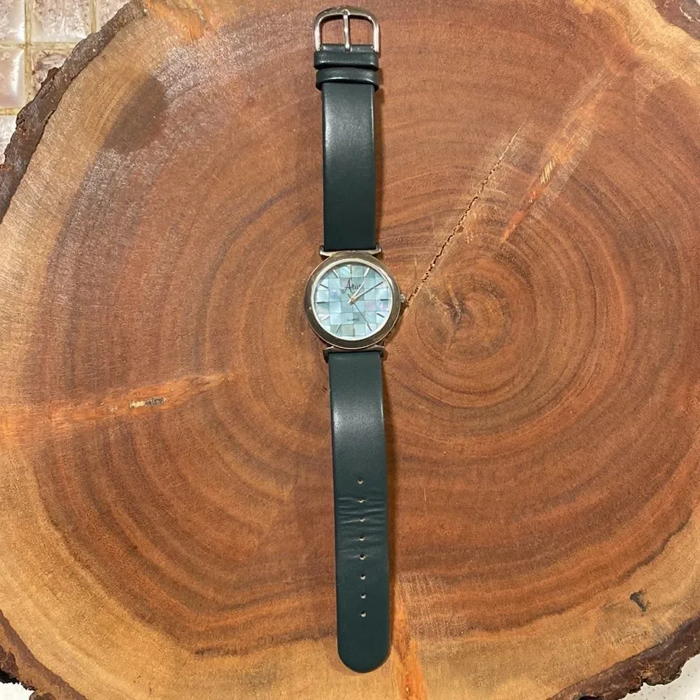 ARIA Sterling Silver Quartz Watch - Green Mother of Pearl Face & Leather‎ Band